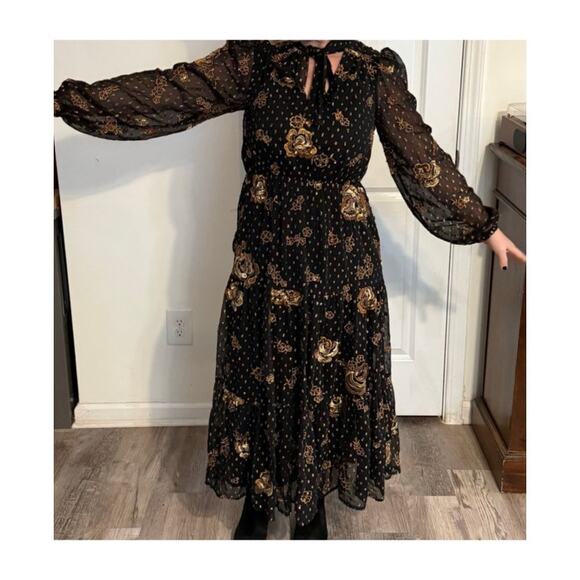 Express Black Gold Embroidered Midi Dress NWT Small Witchy Eventwear - Picture 5 of 16